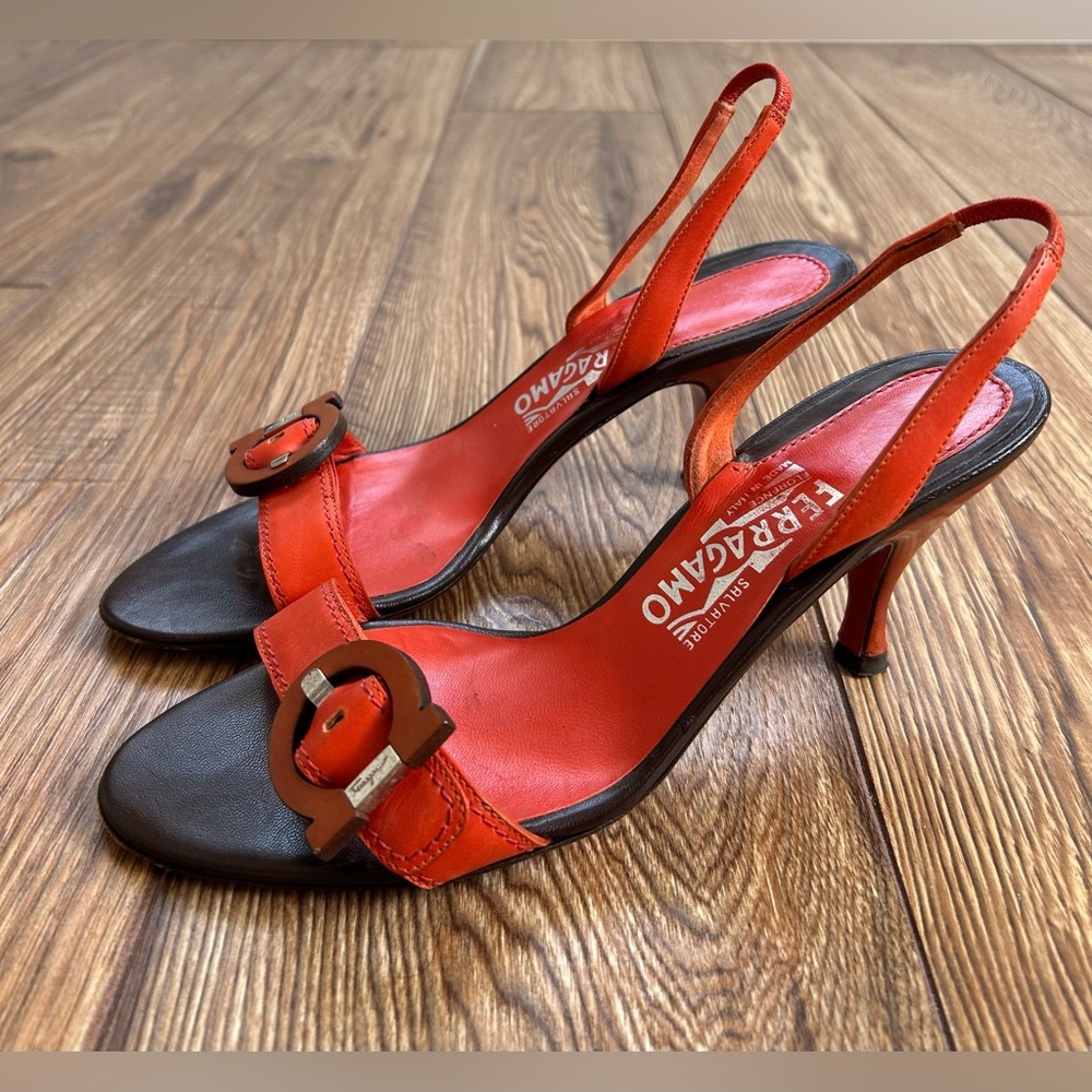 Salvatore Ferragamo Kitten Slingback Heels Orange Brown Leather Size 7.5 - Picture 2 of 9
